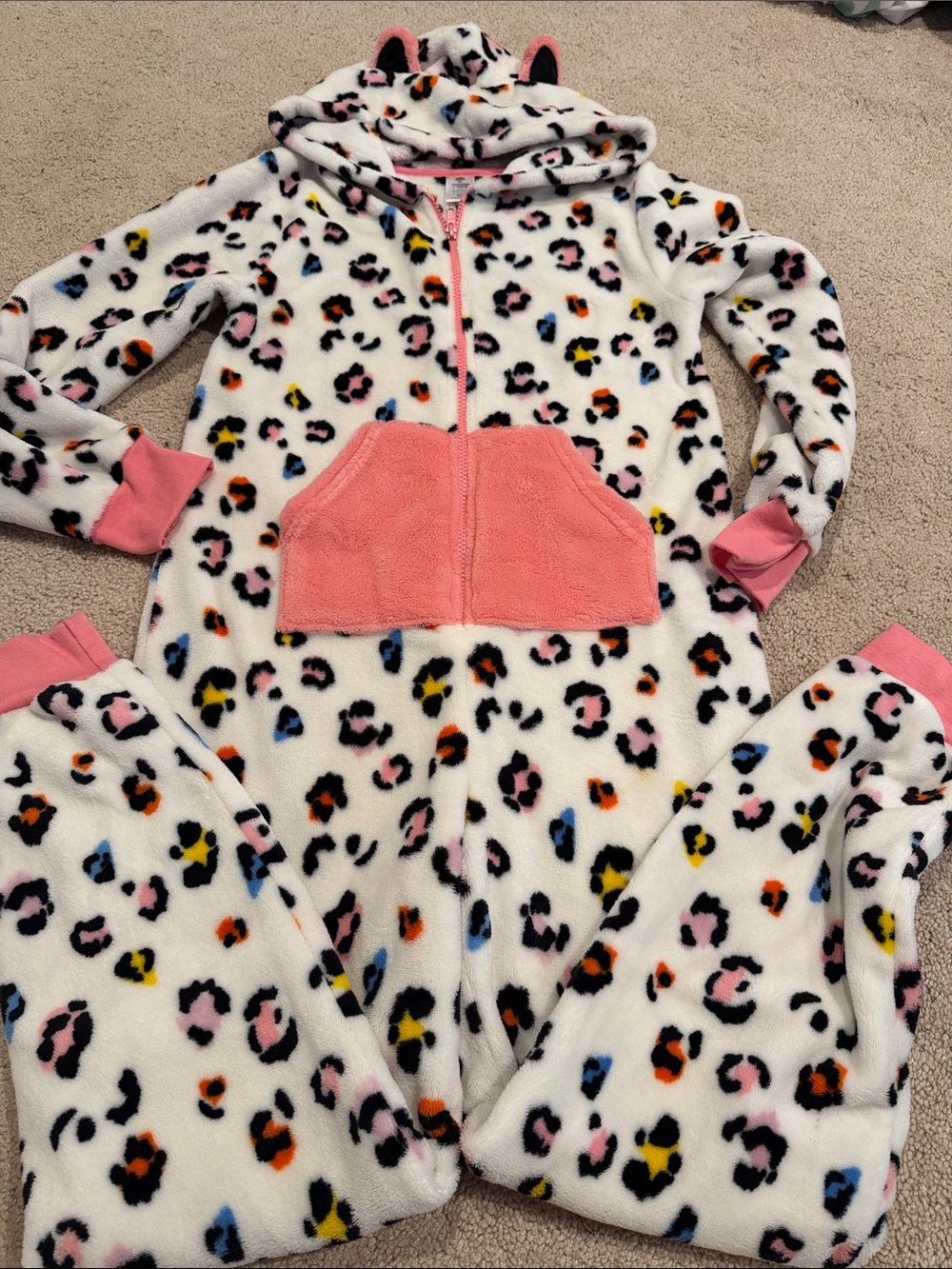 Girls' Tucker + Tate White Fleece One-Piece Multicolor Leopard Print sz 10/12